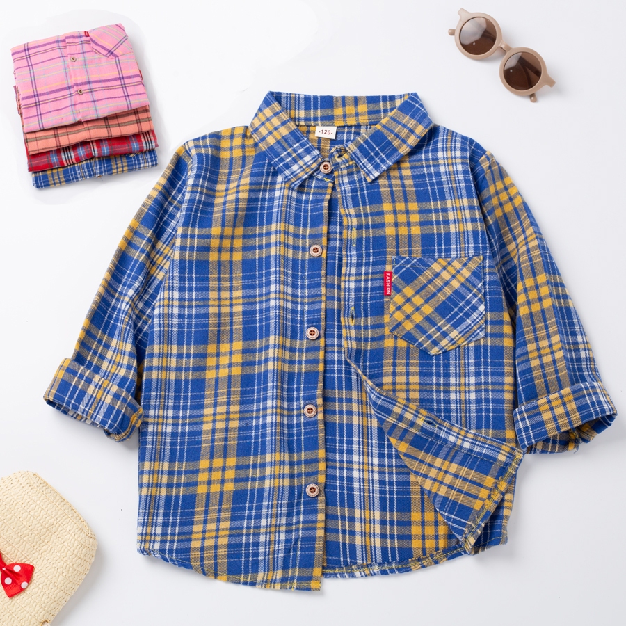 100-140 เสื้อเชิ้ตแขนยาว ผ้าฝ้าย ลายสก๊อต ทรงหลวม สําหรับเด็กผู้ชาย ผู้หญิง อายุ 2-9 ปี