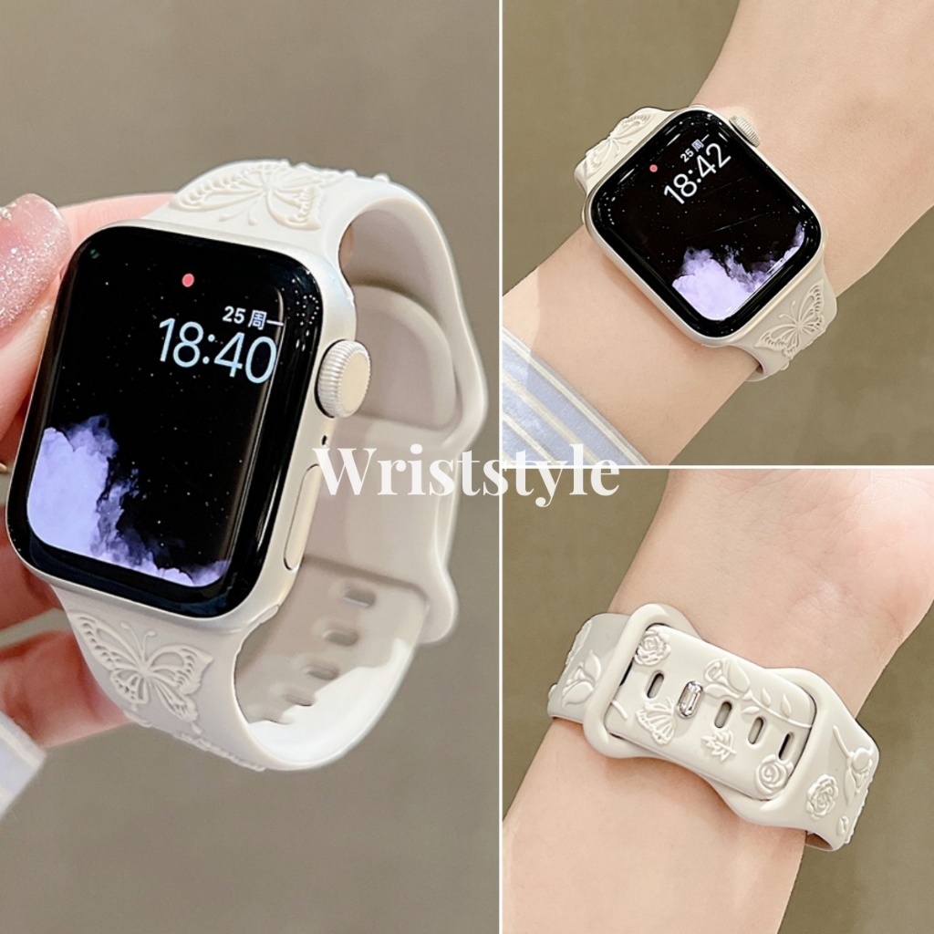 สายนาฬิกาข้อมือซิลิโคน ลายดอกไม้ ผีเสื้อ ธรรมชาติ สําหรับ Apple Watch S9 8 7 6 5 4 3 2 1 SE ULTRA iWatch 49 มม. 45 44 42 41 40 38