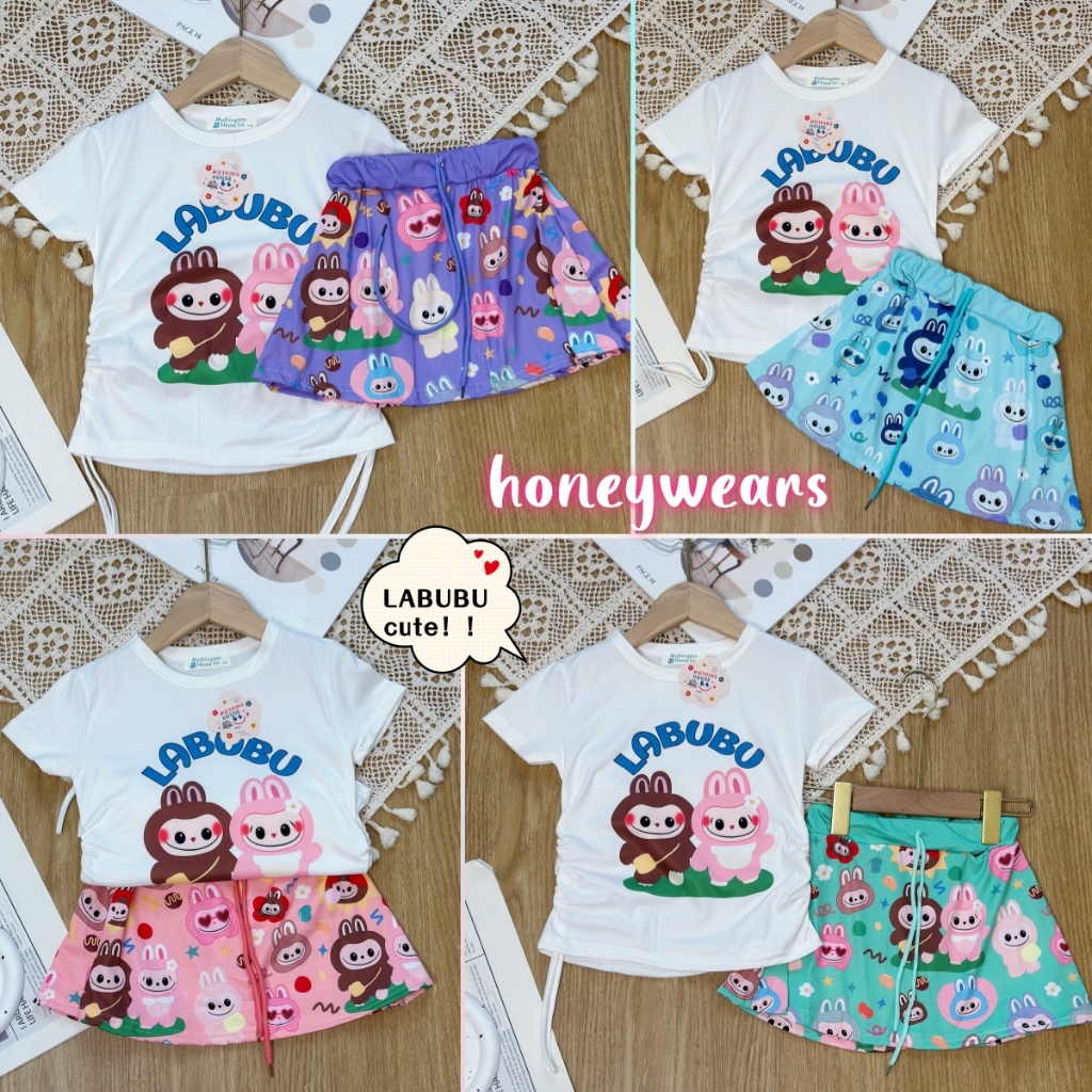 honeywears พร้อมส่ง ชุดแฟชั่นเด็กหญิง เสื้อแขนสั้นกระโปรงสั้น พิมพ์ลายลาบูบู้น่ารัก 2ชิ้น ฤดูร้อน ไซส์ 110-150