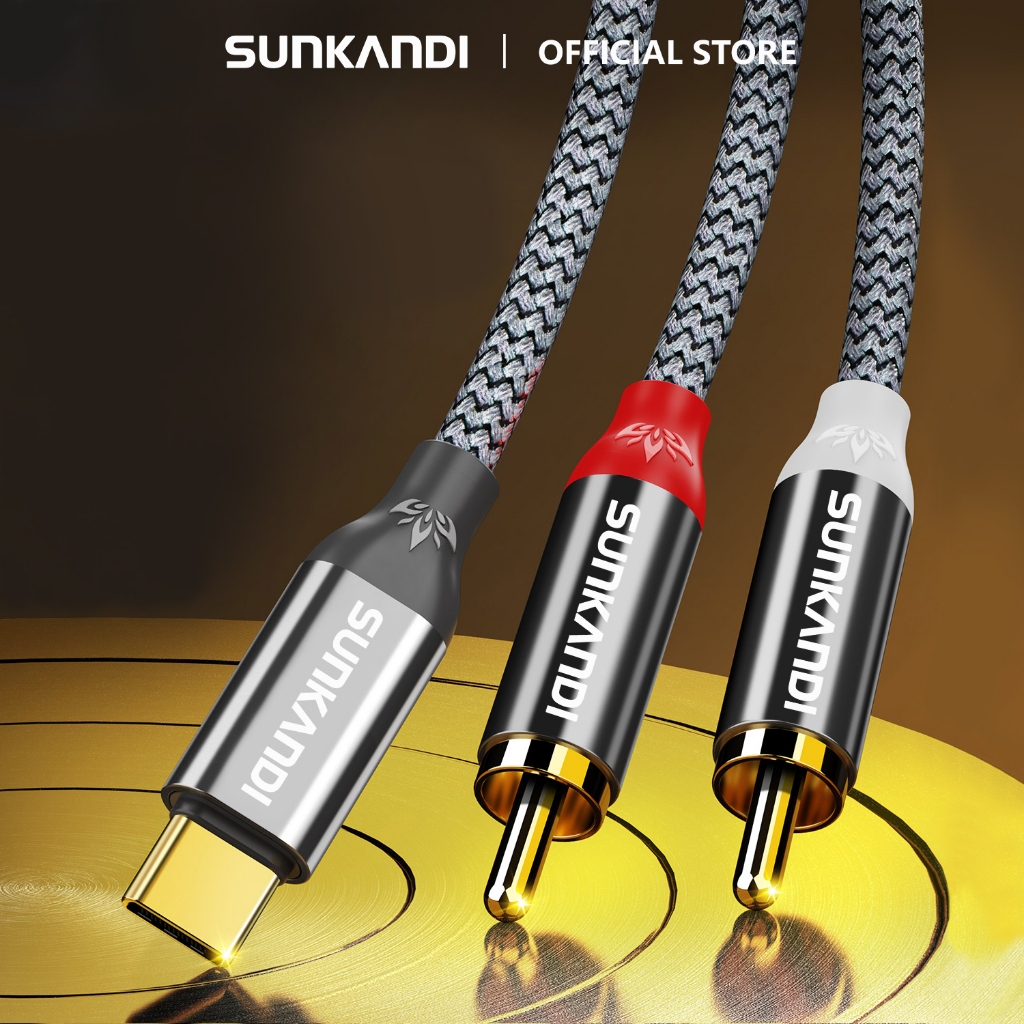 Sunkandi สาย RCA สีเทา USB C ถึง Dual RCA ชายแจ็คปลั๊กอะแดปเตอร์สําหรับลําโพงสเตอริโอ Amp สายไฟ