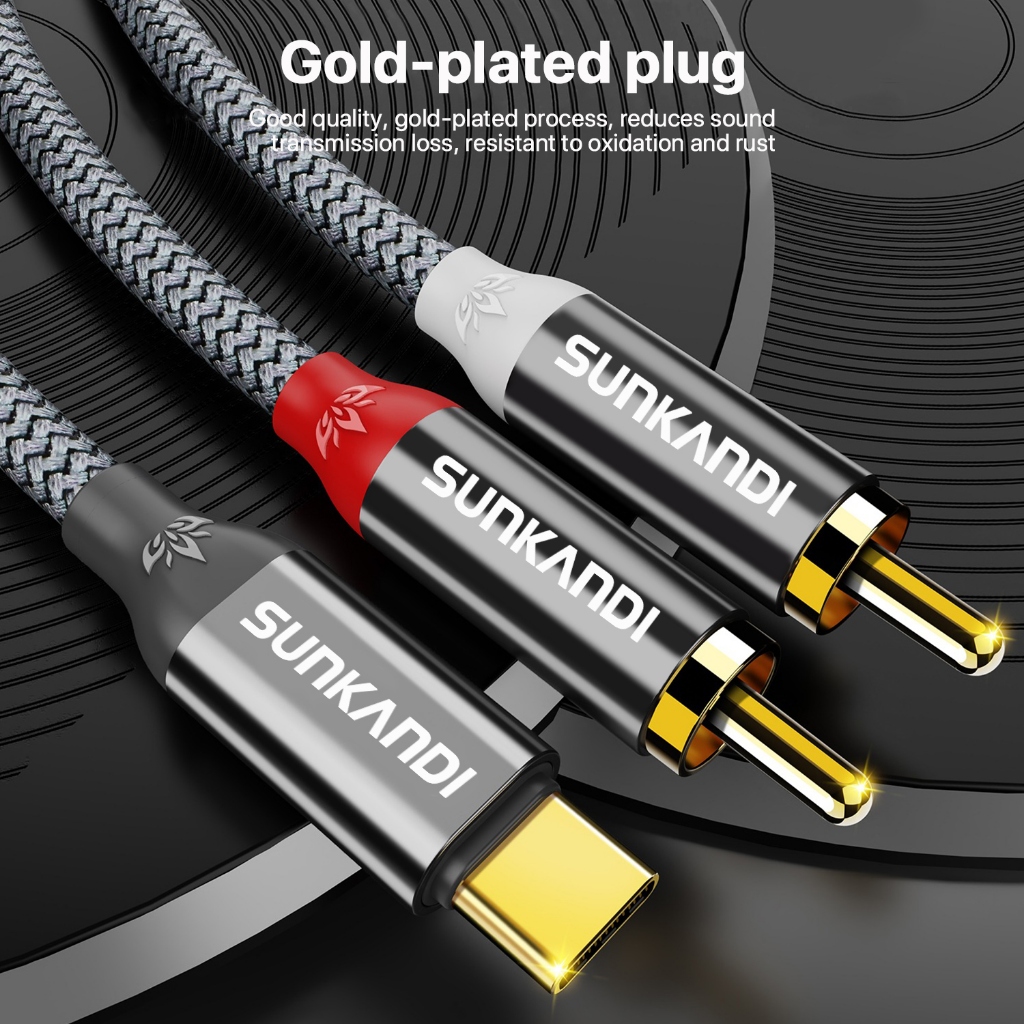Sunkandi สาย RCA สีเทา USB C ถึง Dual RCA ชายแจ็คปลั๊กอะแดปเตอร์สําหรับลําโพงสเตอริโอ Amp สายไฟ