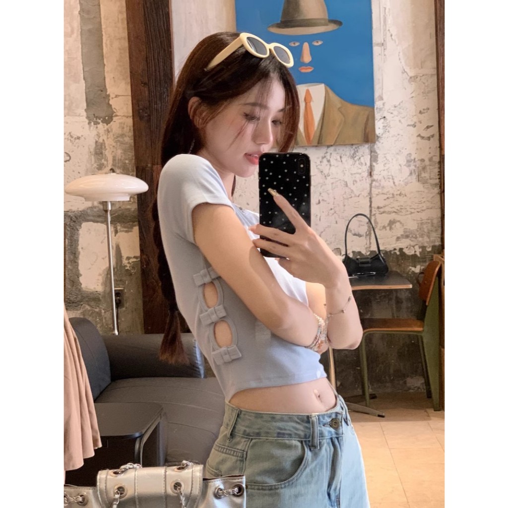 NZN สไตล์ใหม่เวอร์ชั่นเกาหลีสลิมฟิตสีทึบผู้หญิงแขนสั้นผูกโบว์สั้น T