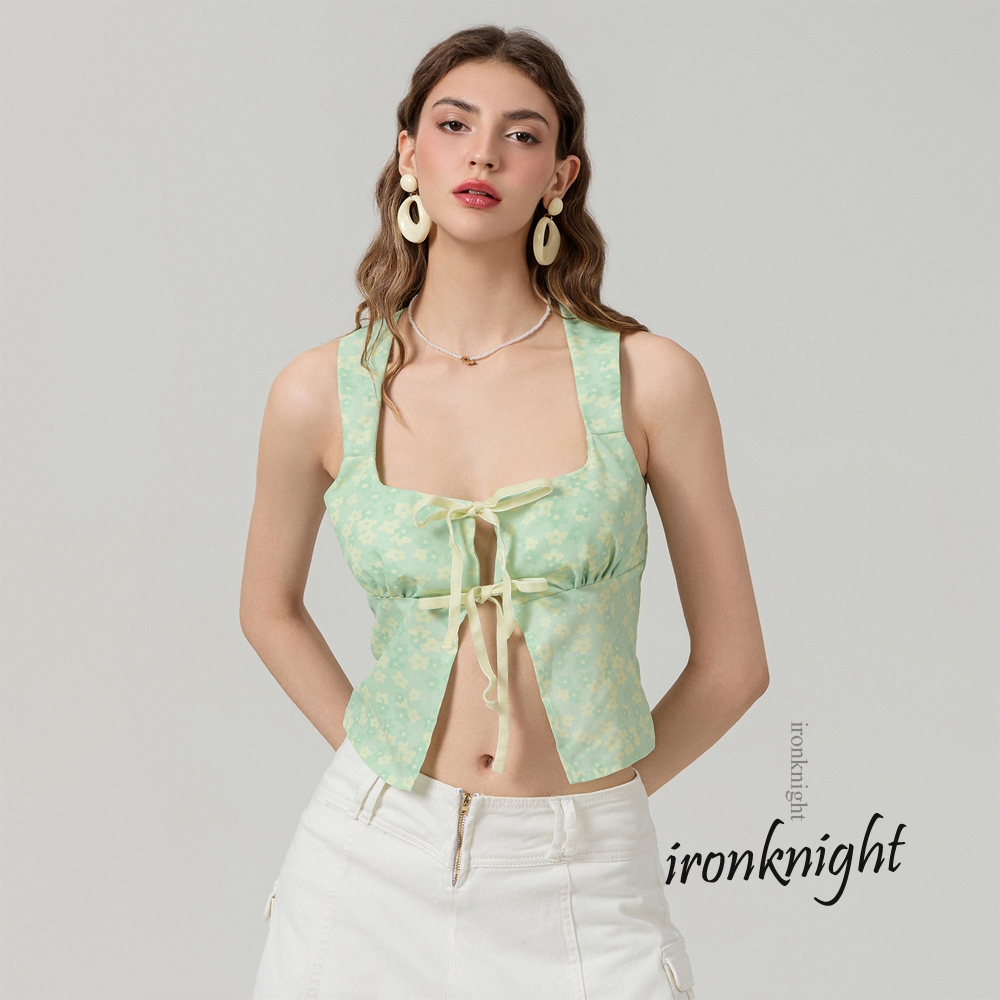 Ironknight- เสื้อกั๊ก พิมพ์ลายดอกไม้ ผูกเชือก เข้ารูป แฟชั่นฤดูร้อน สําหรับผู้หญิง