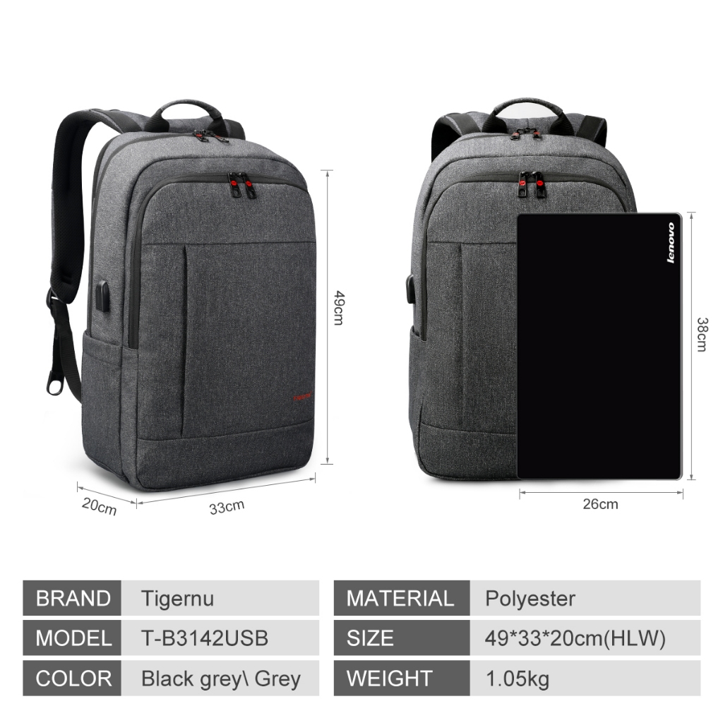 TIGERNU ไทเกอร์นู 3142ยูเอสบี พอดี 15.6นิ้วป้องกันการโจรกรรมผู้ชายกระเป๋าเป้สะพายหลังเดินทางไนลอนกันน้ํา คลาสสิค ลําลองผู้ชายกระเป๋าสไตล์กระเป๋าเป้สะพายหลังความจุขนา