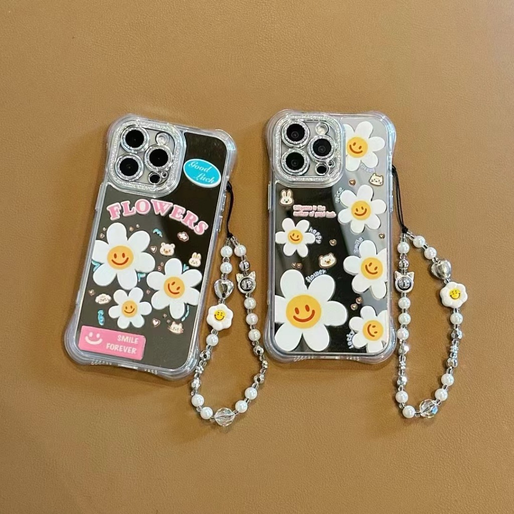 เคส iPhone สี่มุมป้องกันการตกและน่ารักกระจกดอกไม้โซ่เหมาะสําหรับ iPhone 15 Pro max 15 Pro 15 14 Pro 