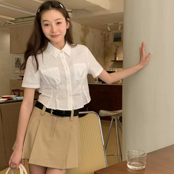 Floerns เสื้อเบลาส์ แขนสั้น กระดุมหน้า สีพื้น สไตล์ลำลอง สำหรับผู้หญิง