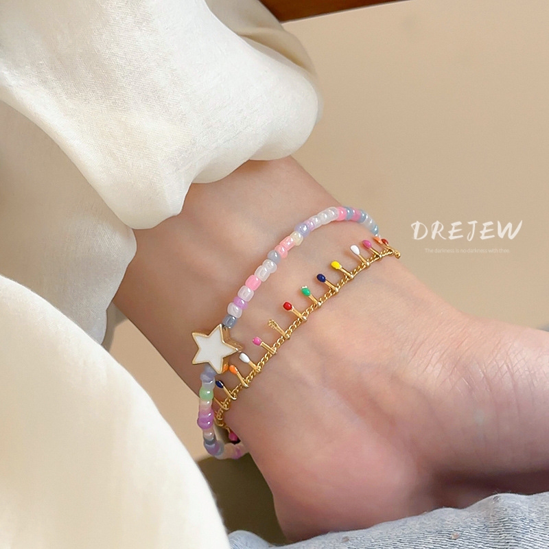 DREJEW เดรช ที่มีสีสันลูกปัด โดปามีน ดาวมุกสร้อยข้อมือลูกปัดฤดูร้อนสองชั้นสร้อยข้อมือ ซอก สร้อยข้อมือแฟชั่นสําหรับผ