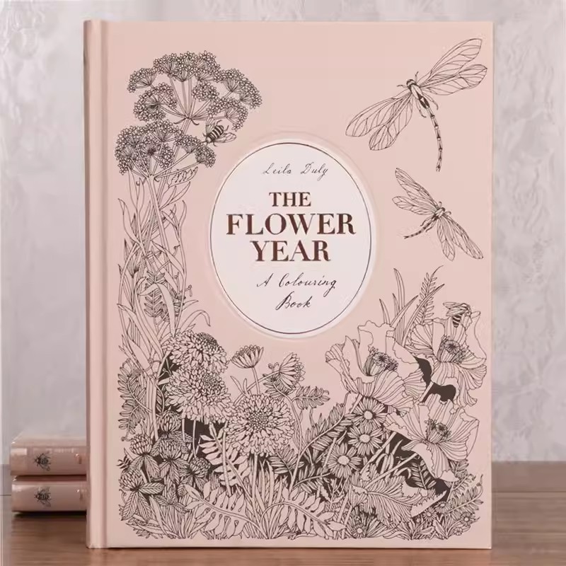 The Flower Year Colouring Book ปกแข็ง 12 เดือนดอกไม้วาดภาพประกอบ สมุดระบายสีศิลปะสําหรับหนังสือผู้ใหญ่บรรเทาความเครียดฉบับภาษาอังกฤษ