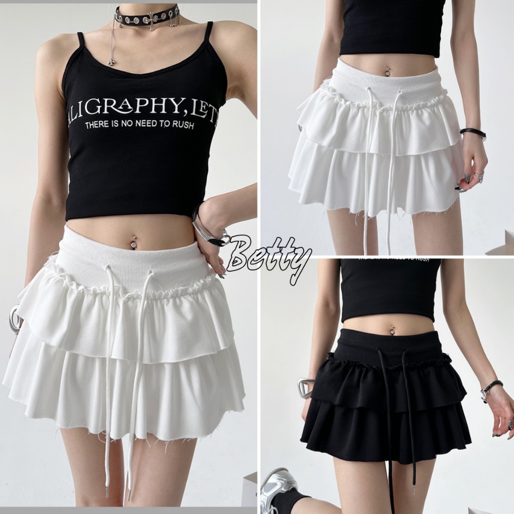 Betty house พร้อมส่ง กระโปรงสั้น กระโปรงขาว สีพื้น เซ็กซี่ ทรงเอ เอวสูงแฟชั่น สไตล์เกาหลี มีเชือกรูด