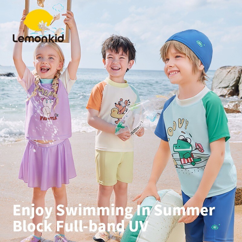 Lemonkid ชุดว่ายน้ํา 2 ชิ้นชุดว่ายน้ําเด็กฟรีหมวกว่ายน้ําว่ายน้ําชายหาดริมทะเลเด็กชายและเด็กหญิง BLock UV