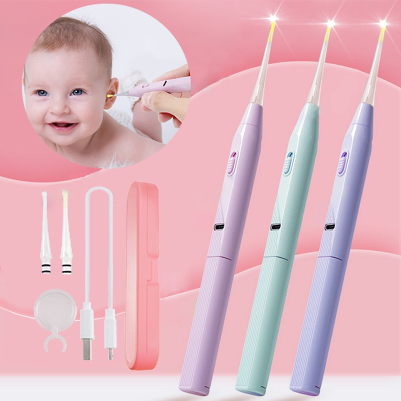 เครื่องทําความสะอาดหูเด็ก เครื่องทําความสะอาดขี้หู Picker เครื่องทําความสะอาดหูสําหรับทารกพร้อมไฟ Led พร้อมน้ํายาทําความสะอาด Tipear ซิลิโคนอ่อนนุ่มพร้อมไฟ