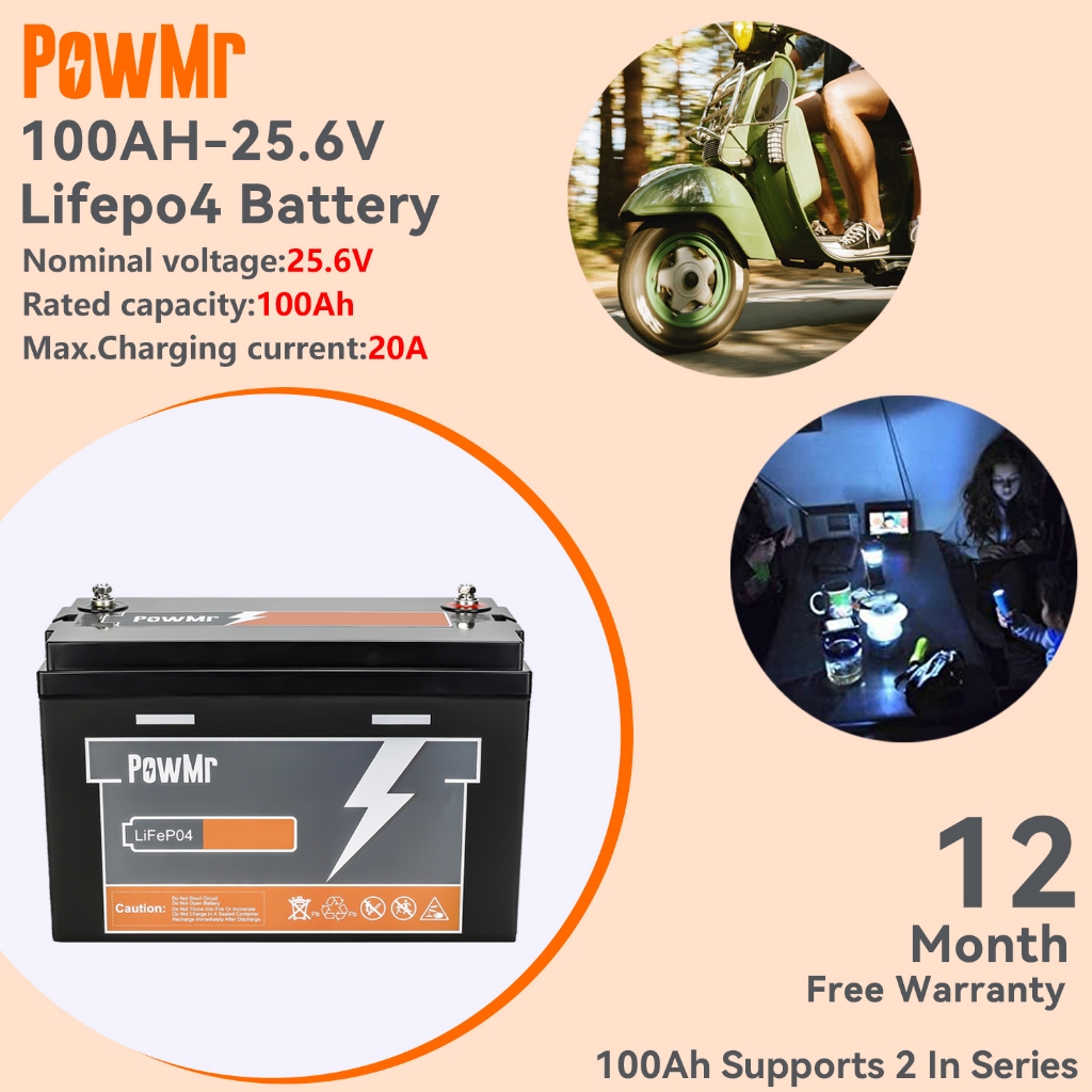 Powmr 24V 100AH LiFePo4 แบตเตอรี่ Solar Battery Ebike แบตเตอรี่แบตเตอรี่รถยนต์ประสิทธิภาพสูง Built in BMS Protection 100% พลังงานจริง Life Time 10 ปีได้ถึง 2 Unit Series