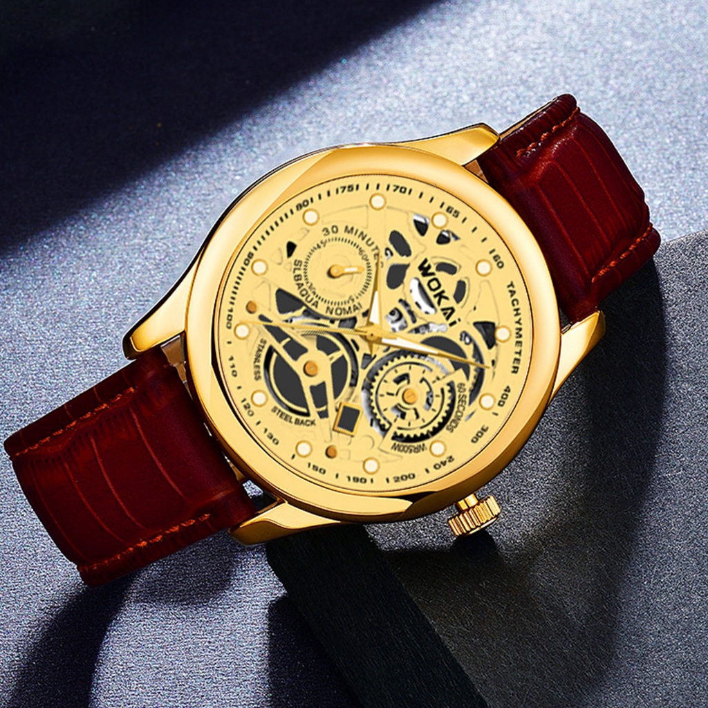 Wokai Mens Business Quartz Casual Watch Mens Mature Watch สายหนัง