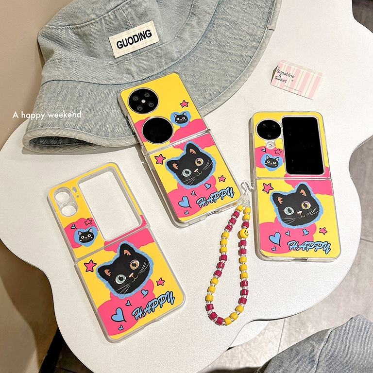 น่ารักสีดําแมวหัวสติกเกอร์วาดพับเคสโทรศัพท์สําหรับoppo Find N3 N2 Flip FindN3Flip FindN2Flipกรณีปก