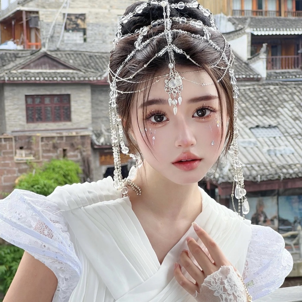 Shining มงกุฎเจ้าสาว tiara โบราณ super fairy คริสตัลพู่ลูกปัดหน้าผากเครื่องประดับอุปกรณ์จัดงานแต่งงานโซ่ผม