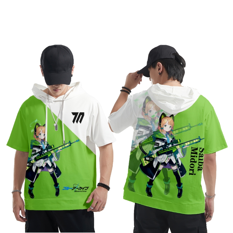 อะนิเมะใหม่ Blue Archive Saiba Midori/Saaiba Momoi แขนสั้น Hoodie ญี่ปุ่นแฟชั่นผู้ชายหลวม 3D พิมพ์เส