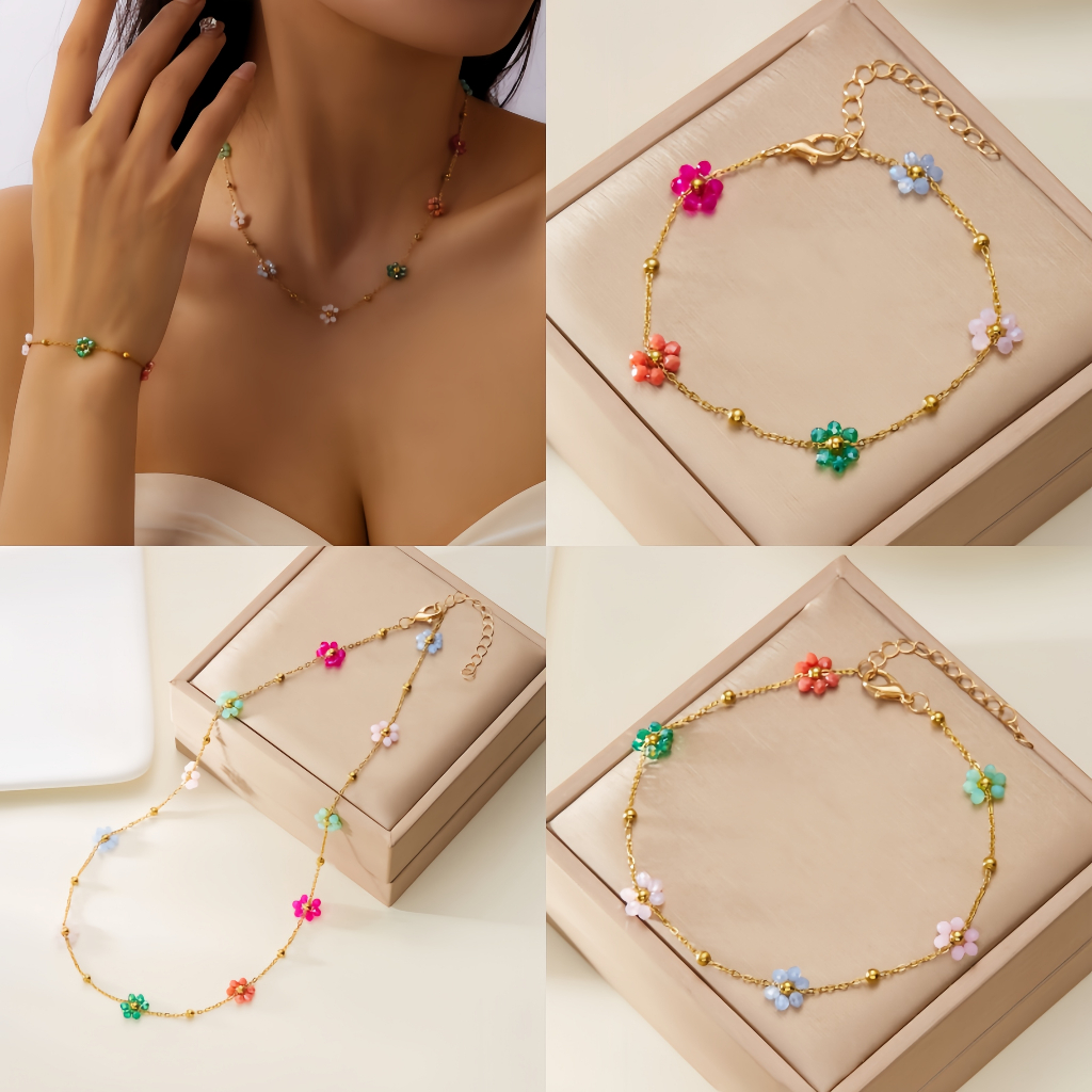 แฟชั่น เกาหลีดอกไม้ที่มีสีสันสร้อยข้อมือสร้อยคอสร้อยข้อเท้า 18เค ชุบทองชุดเครื่องประดับสําหรับผู้หญิงของขวัญเครื่องประดับสร้อยข้อมือสร้อยข้