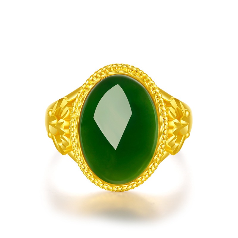สไตล์ชาติพันธุ์ Hetian หยกแหวน 18k Gold Plated สีเขียว Chalcedony ปรับแหวนนิ้วสําหรับผู้ชายและผู้หญิงแฟชั่นเครื่องประดับของขวัญ Vintage นวัตกรรม