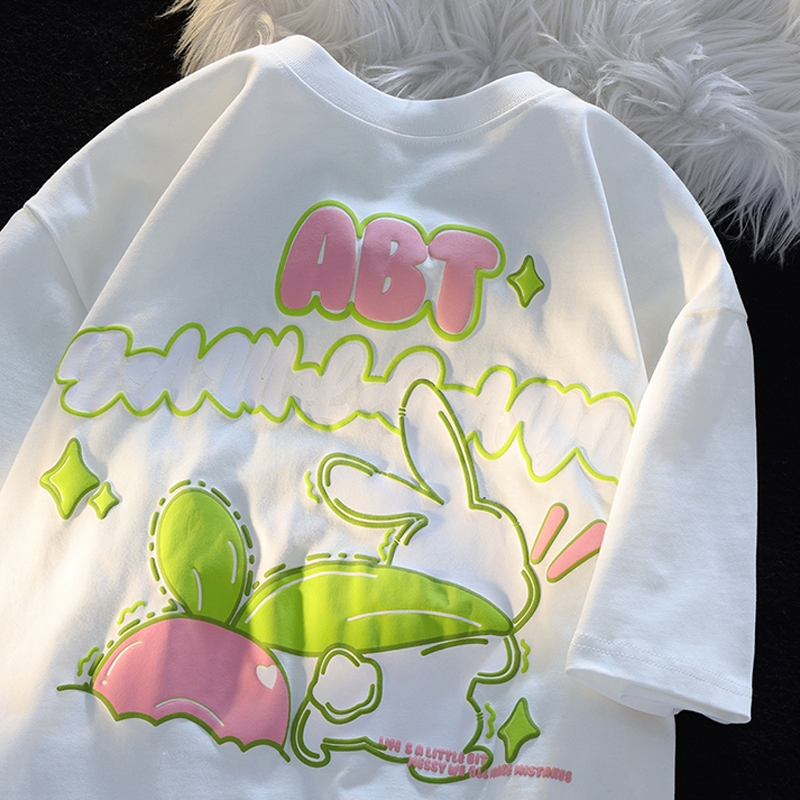 【Polyester】เสื้อยืดคอกลม แขนสั้น พิมพ์ลายการ์ตูนกระต่าย ทรงหลวม เรียบง่าย แฟชั่นฤดูร้อน สําหรับผู้หญิง นักเรียน