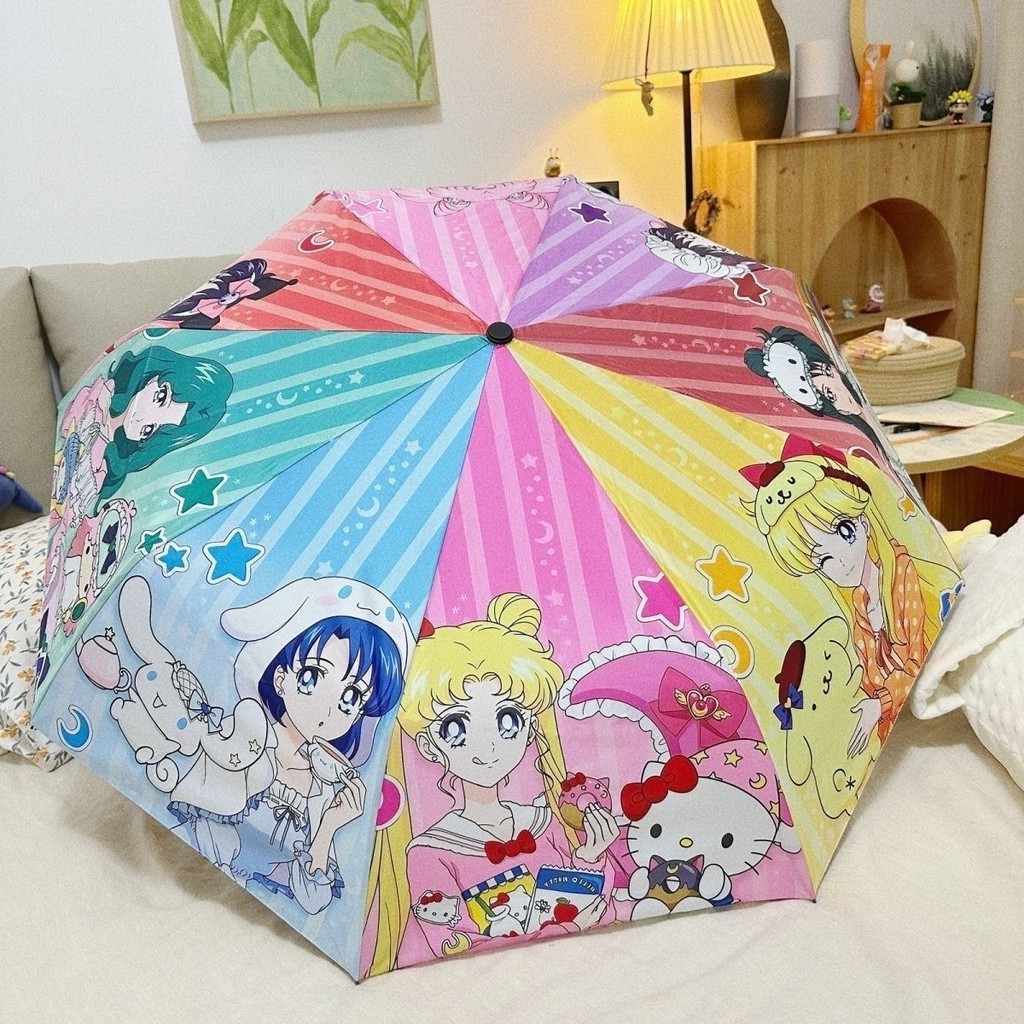 SANRIO ซานริโอ ร่มกันแดดอัตโนมัติป้องกันแสงแดดป้องกันรังสียูวีการ์ตูนทนทานฝนและฝนร่มกันแดดแบบใช้คู่ร่มหนาน่ารักสําหรับผู้หญิงสําหรับเด