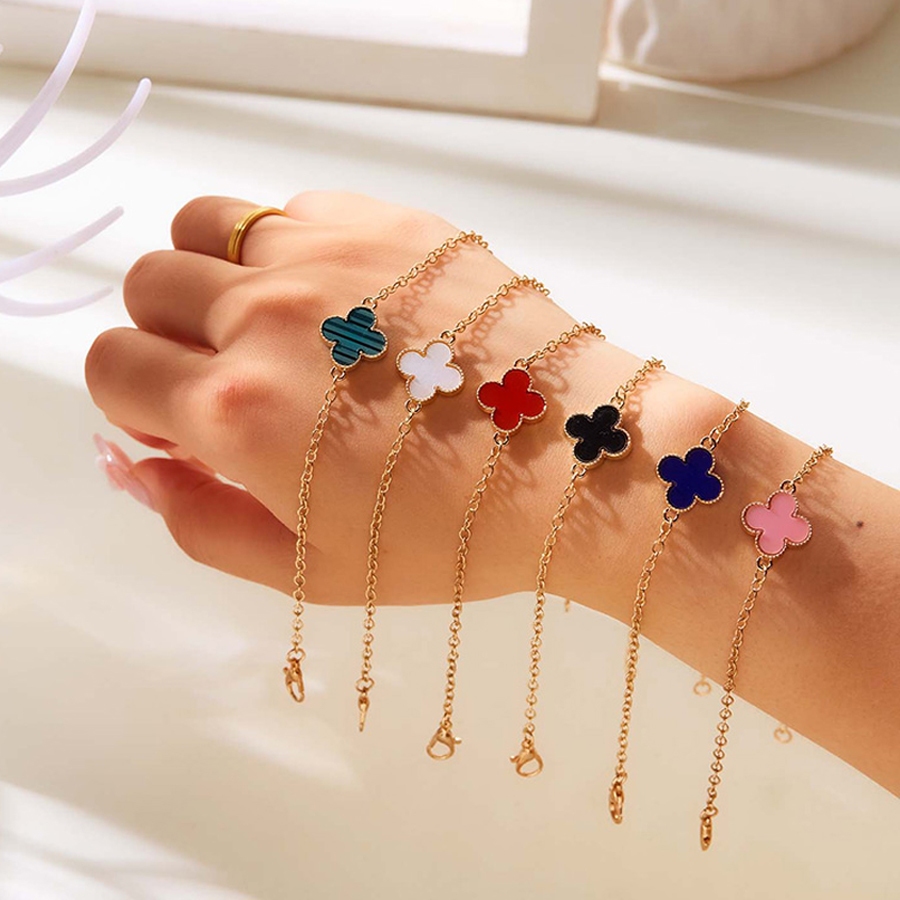 แฟชั่นชุบทองเกาหลี Four Clover Leaf สร้อยข้อมือดอกไม้กําไลข้อมือแบบปรับได้ผู้หญิงเครื่องประดับของขวัญวันเกิด