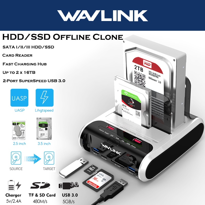 Wavlink HDD SSD Clone Docking Station USB 3.0 ถึง SATA 2*16GB Hard Drive Case รองรับ Offline Clone F
