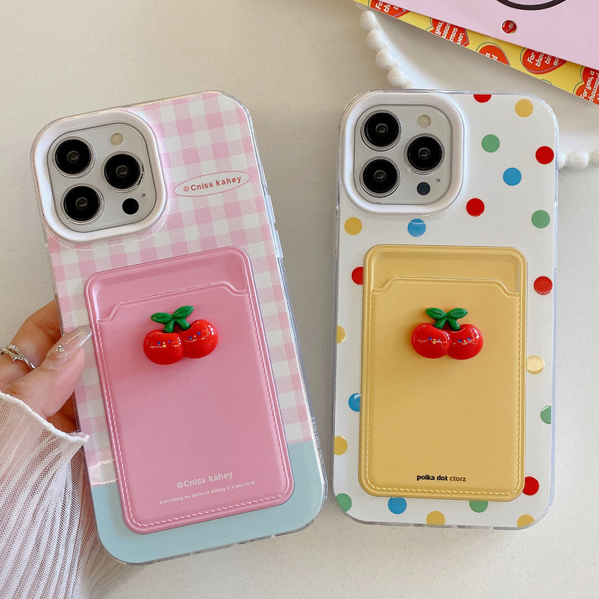 3-in-1 Candy พร้อม Cherries Card Holder กันกระแทกสวยเคสโทรศัพท์สําหรับ iPhone 15 14 13 12 11 Pro Max XR X XS 7 8 Plus กันชนนุ่มกรณีปกหลัง