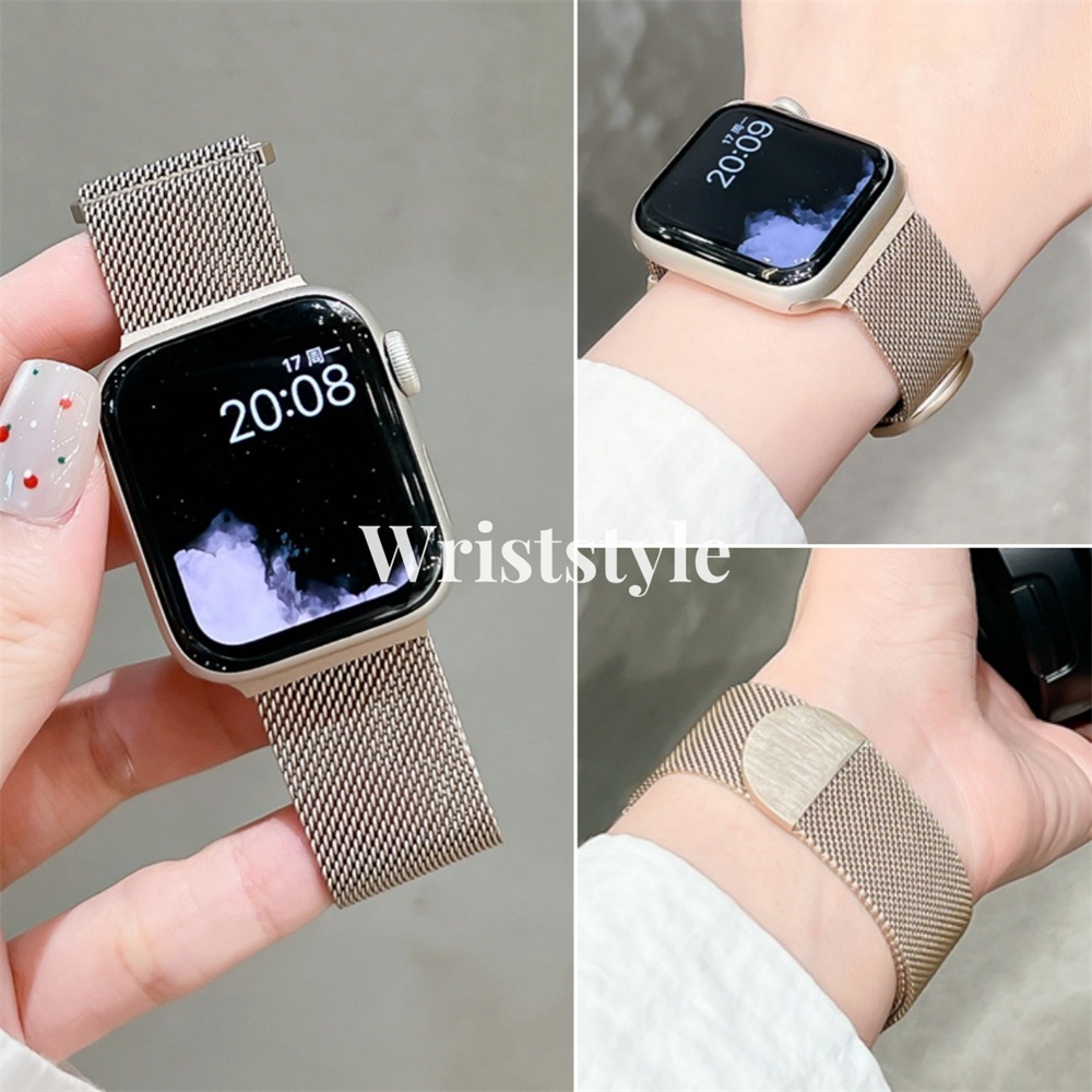 สายนาฬิกาสแตนเลสบางพิเศษสําหรับ Apple Watch S10/9/8/7/6/5/4/3/2/1 SE2 ULTRA 2 แม่เหล็กเปลี่ยนสายโลหะสําหรับ iWatch 49MM 46 45 44 42 41 40 38 สร้อยข้อมือนาฬิกา