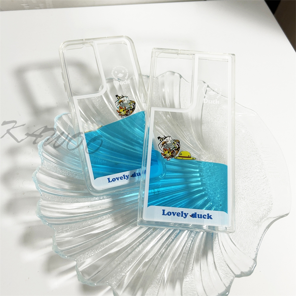 สําหรับ Samsung Galaxy S22 Ultra S23 Plus น่ารักการ์ตูน One Piece เรือและไอคอนโจรสลัดลอย Liquid Quicksand Clear Soft Case Cover