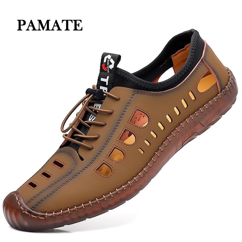 Men Casual Hollow รองเท้าหนัง Breathable Soft Sole รองเท้าชายหาดกลางแจ้งผู้ชาย Soft Sole Beef Tendon Sole Hole รองเท้าแตะ