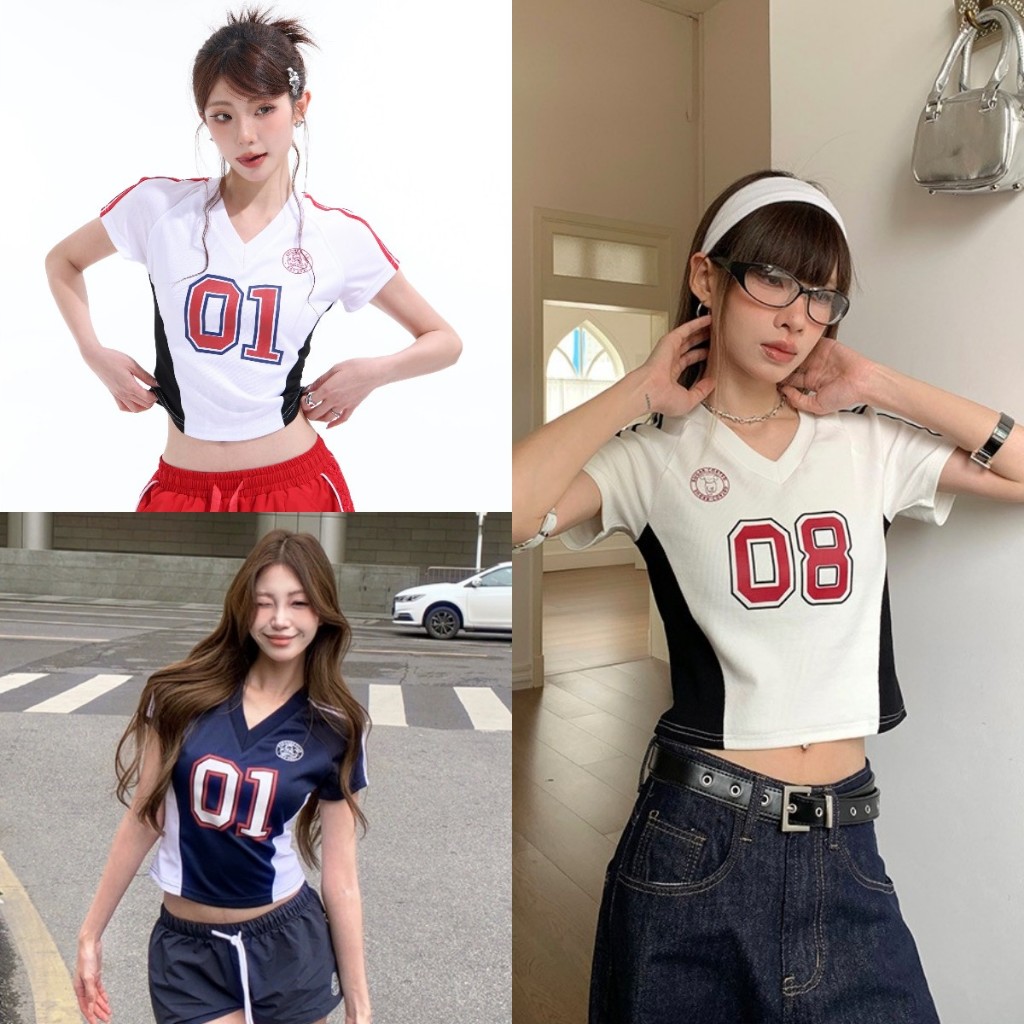 เสื้อครอปสตรีสไตล์เกาหลี เสื้อครอปฤดูร้อนใหม่ แขนสั้นหลวม คอวี ชุดสตรีท เสื้อยืดเซ็กซี่สําหรับผู้หญิง