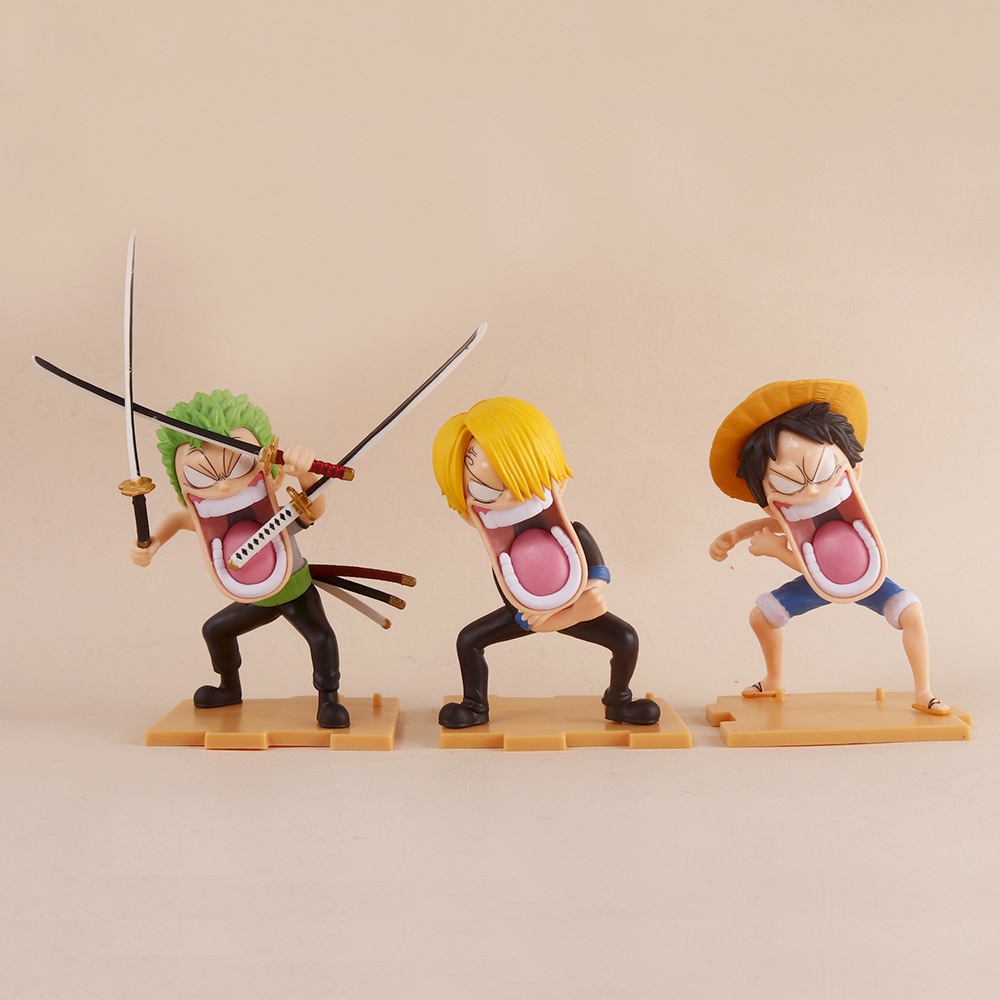3 ชิ้น/เซ็ตอะนิเมะ One Piece รูปหิวสามคนทีม Luffy Zoro Sanji โอ้อวดตลกรุ่น Q PVC Action Figures ตุ๊กตาของเล่น