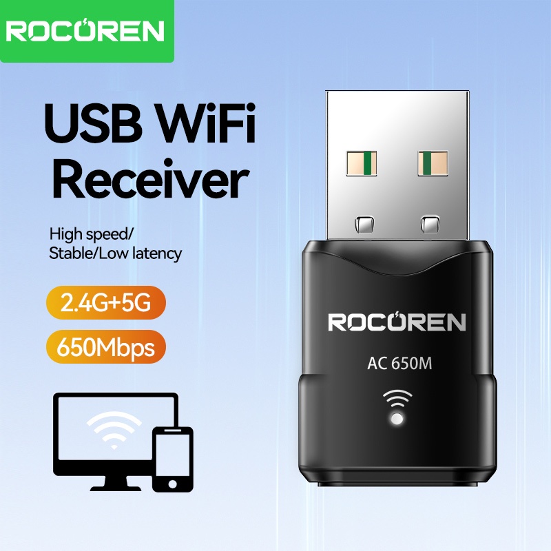Rocoren 650Mbps USB ตัวรับสัญญาณ WiFi ไร้สาย 2.4G/5GHz Dual Band ไร้สาย Mini WiFi การ์ดเครือข่ายอะแดปเตอร์ Plug and Play สัญญาณแรง