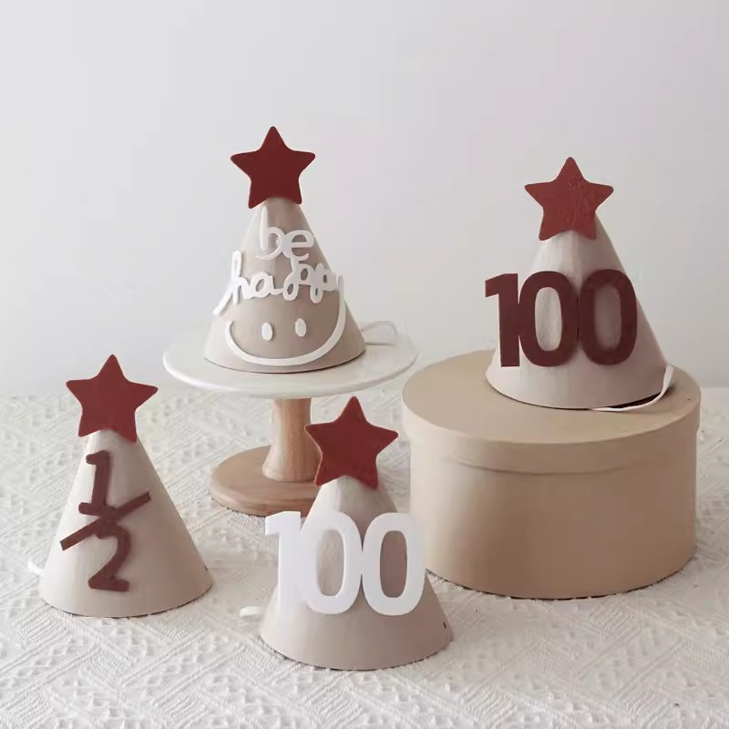 เด็ก1/2ครึ่งวันเกิด100วันหมวก โบโฮ สีกากีกาแฟครีมดาวหมวกพรรคซัพพลายตกแต่ง
