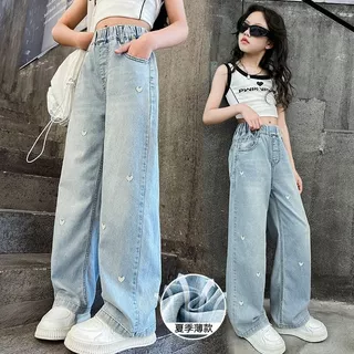 〔 กทม. 〕 กางเกงยีนส์สาวเกาหลี แฟชั่นฤดูใบไม้ผลิ สไตล์ตะวันตก กางเกงยีนส์เด็กขากว้าง 130-170