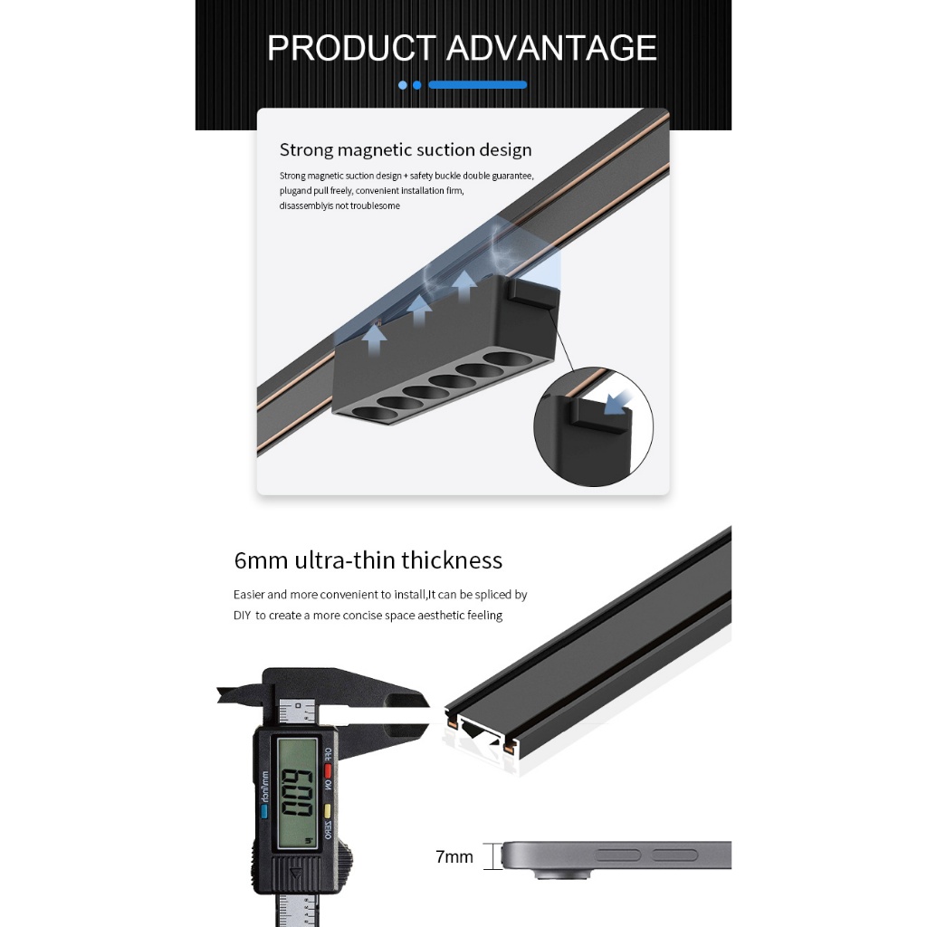 Ultra-thin Magnetic Track Light 3-CCT Button-Changeable รางแม่เหล็กบางเฉียบแสงพื้นผิวติดตั้งรางอลูมิเนียมจุด นํา ห้องนั่งเล่นที่ทันสมัยสีดํา/สีขาว - รูปที่ 3