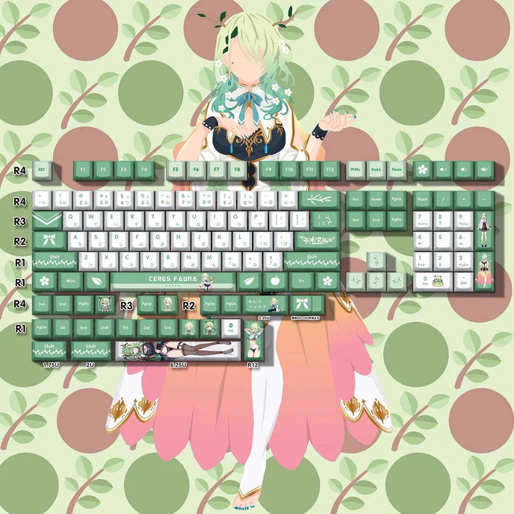 132 คีย์ Ceres Fauna keycaps PBT Vtuber Hololive ฝาครอบกุญแจ DYE ระเหิด Cherry MX แกนสวิทช์ Keycap แป้นพิมพ์เครื่องกล