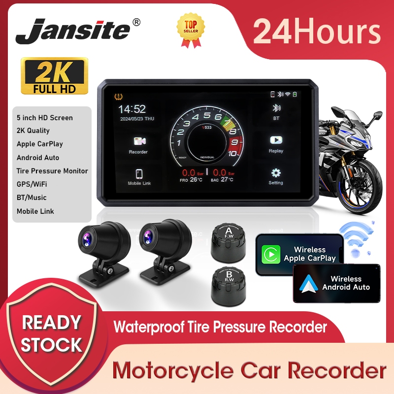 Jansite 5 นิ้วรถจักรยานยนต์ Navigator ไร้สาย Apple CarPlay Dual Bluetooth DVR แบบพกพา GPS นําทาง Android Auto รถจักรยานยนต์ IPX7 กันน้ํา