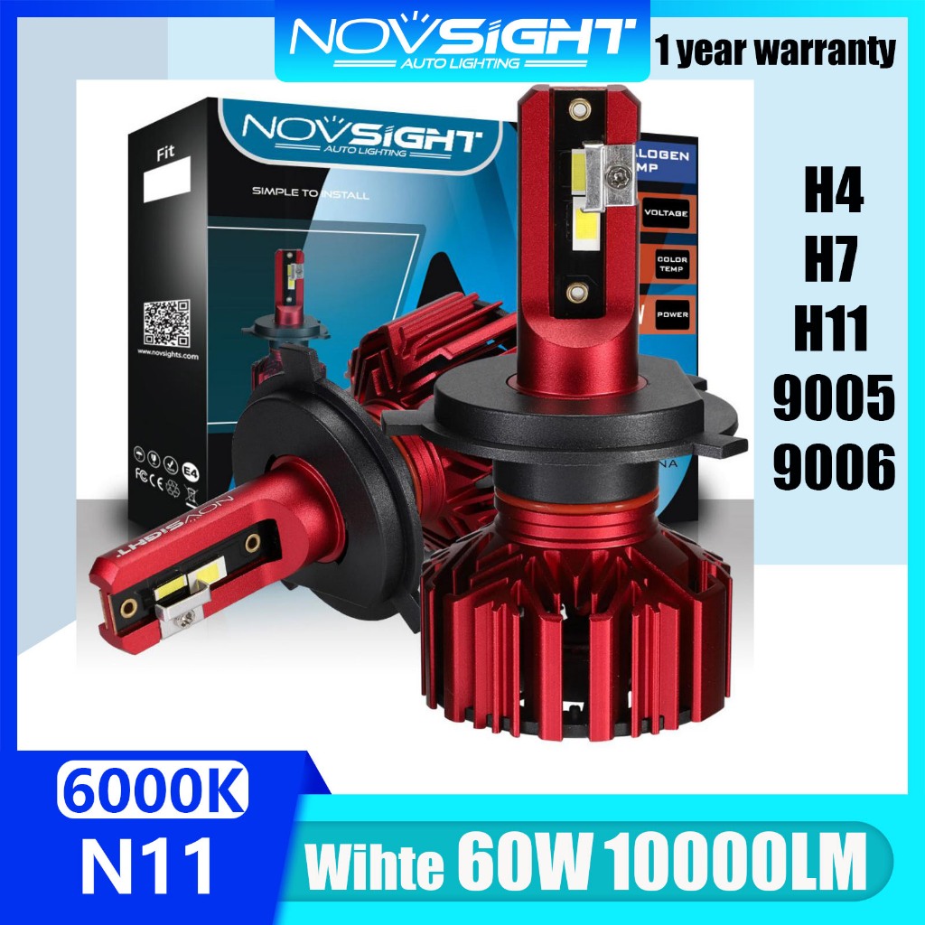 2 แพ็ค Novsight ไฟหน้ารถ N11 H11 H4 H7 H1 9005 9006 6000K 60W 10000LM IP68 การออกแบบแบบบูรณาการ