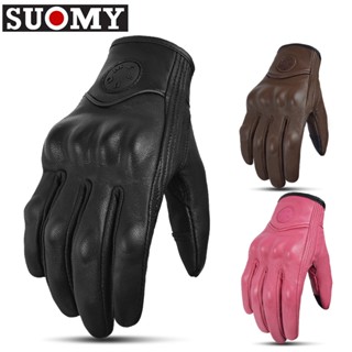 Suomy ถุงมือหนัง แบบเต็มนิ้ว สีน้ําตาล สไตล์วินเทจ เหมาะกับผ…