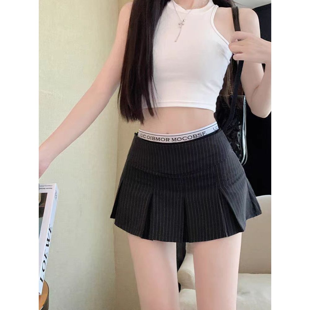 Gjcute 2สี กระโปรงสั้น กระโปรงสองชั้น เอวสูง ลายทางเอวยืด สไตล์Y2K