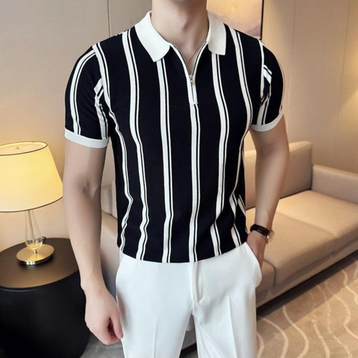 Junqun เสื้อโปโลผู้ชาย เสื้อโปโลแฟชั่นสไตล์อังกฤษ เสื้อโปโลผ้าไหมน้ําแข็งซิปลายทางสําหรับผู้ชาย