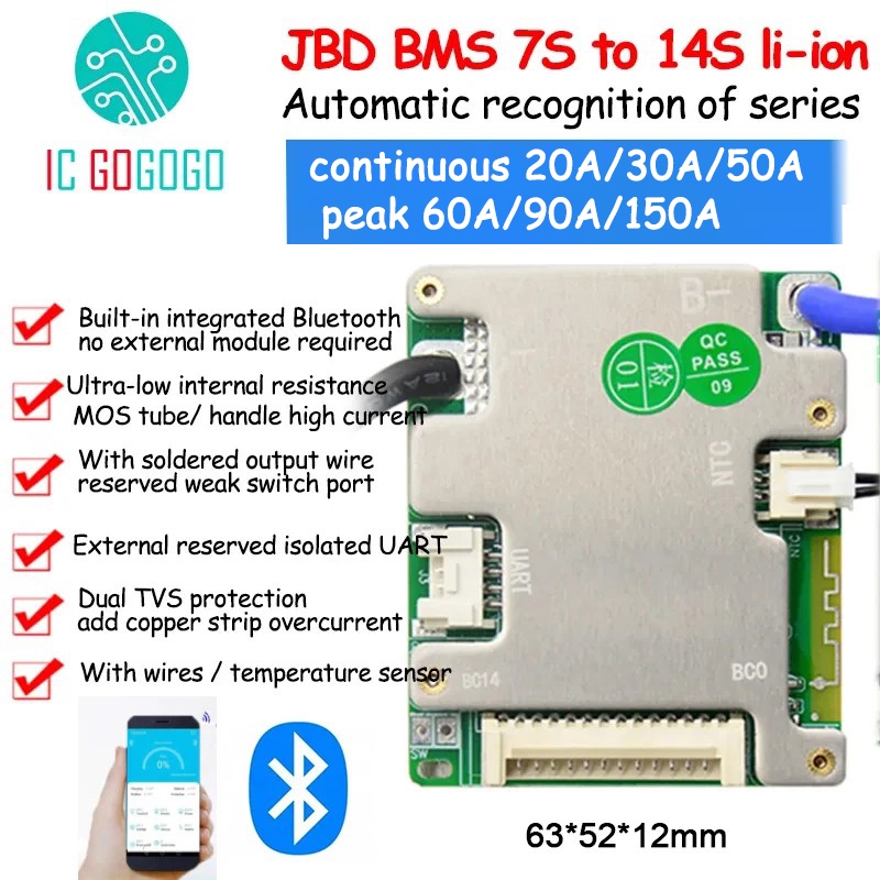Jbd 7S ถึง 14S 13S แบตเตอรี่ลิเธียมไอออนป้องกัน 24V 36V 48V 52V 10S สมาร์ท BMS 20A 30A 50A 90A บลูทูธ APP Li-ion Lipo UART