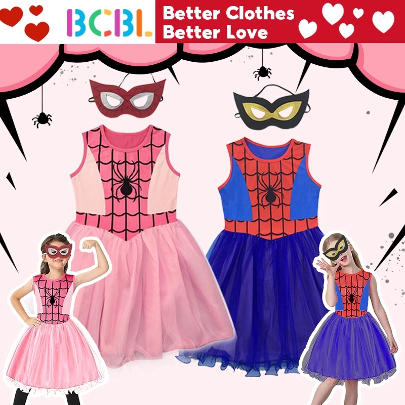 BCBL ชุดเดรสคอสเพลย์ เจ้าหญิงสไปเดอร์แมน สีฟ้า พร้อมหน้ากากปิดตา สําหรับเด็กผู้หญิง อายุ 3-9