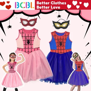 BCBL ชุดเดรสคอสเพลย์ เจ้าหญิงสไปเดอร์แมน สีฟ้า พร้อมหน้ากากปิดตา สําหรับเด็กผู้หญิง อายุ 3-9
