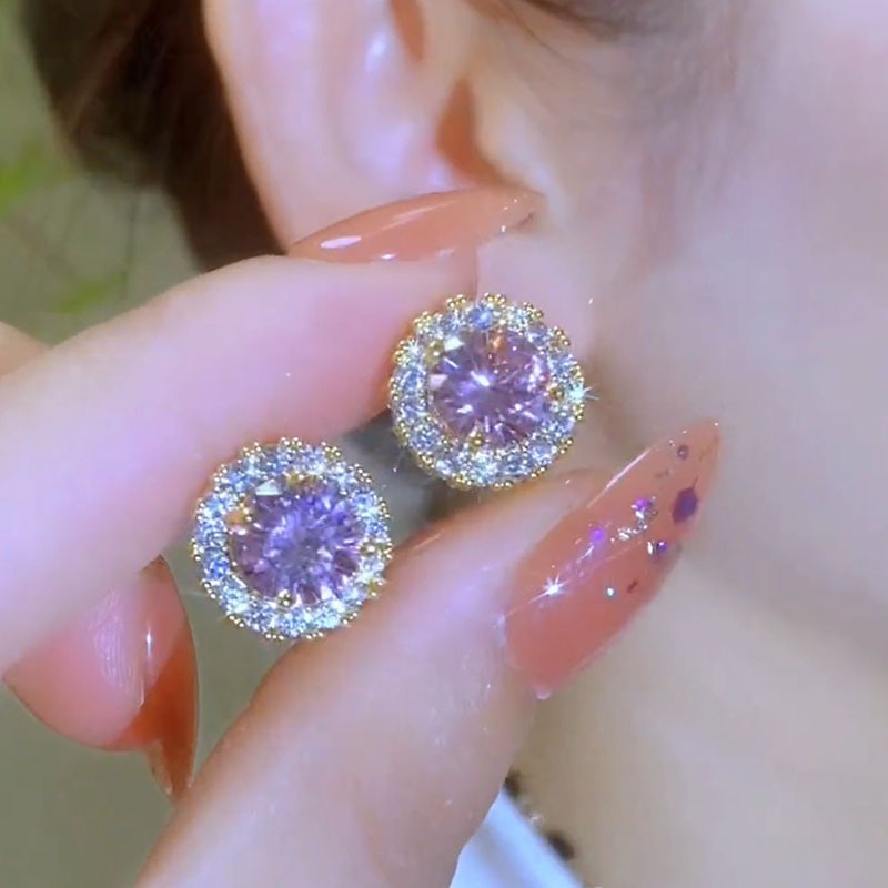 แฟชั่นเงาเพทายต่างหูสีม่วง พลอยเทียม ส925 ต่างหูสําหรับผู้หญิงเครื่องประดับของขวัญประณีต