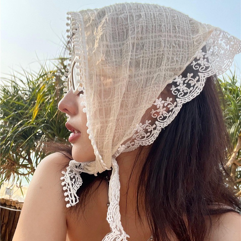 French Pastoral Veil ลูกไม้ลายสก๊อตพิมพ์ผมสามเหลี่ยมผ้าพันคอแฟชั่นผู้หญิง Bandana Headband