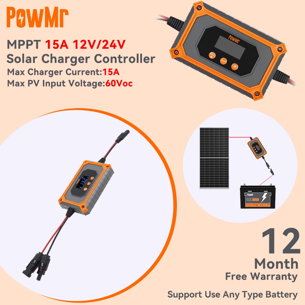 【New】PowMr 15A MPPT ตัวควบคุมเครื่องชาร์จพลังงานแสงอาทิตย์รองรับแบตเตอรี่ 12 ~ 24V เชื่อมต่อแผงโซลาร์เซลล์สําหรับการทํางานที่รวดเร็วจอแสดงผล LCD ป้องกันแบตเตอรี่
