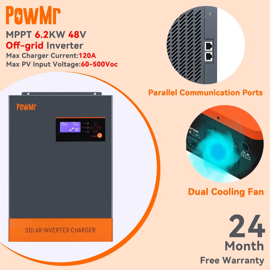 สามารถขนานpowmr 6.2KW Hybrid Solar Inverter 500Vdc รองรับ 48V Lifepo4 แบตเตอรี่สามารถขนานสูงสุด 12 หน่วยในตัว 120A MPPT ตัวควบคุมเครื่องชาร์จพลังงานแสงอาทิตย์