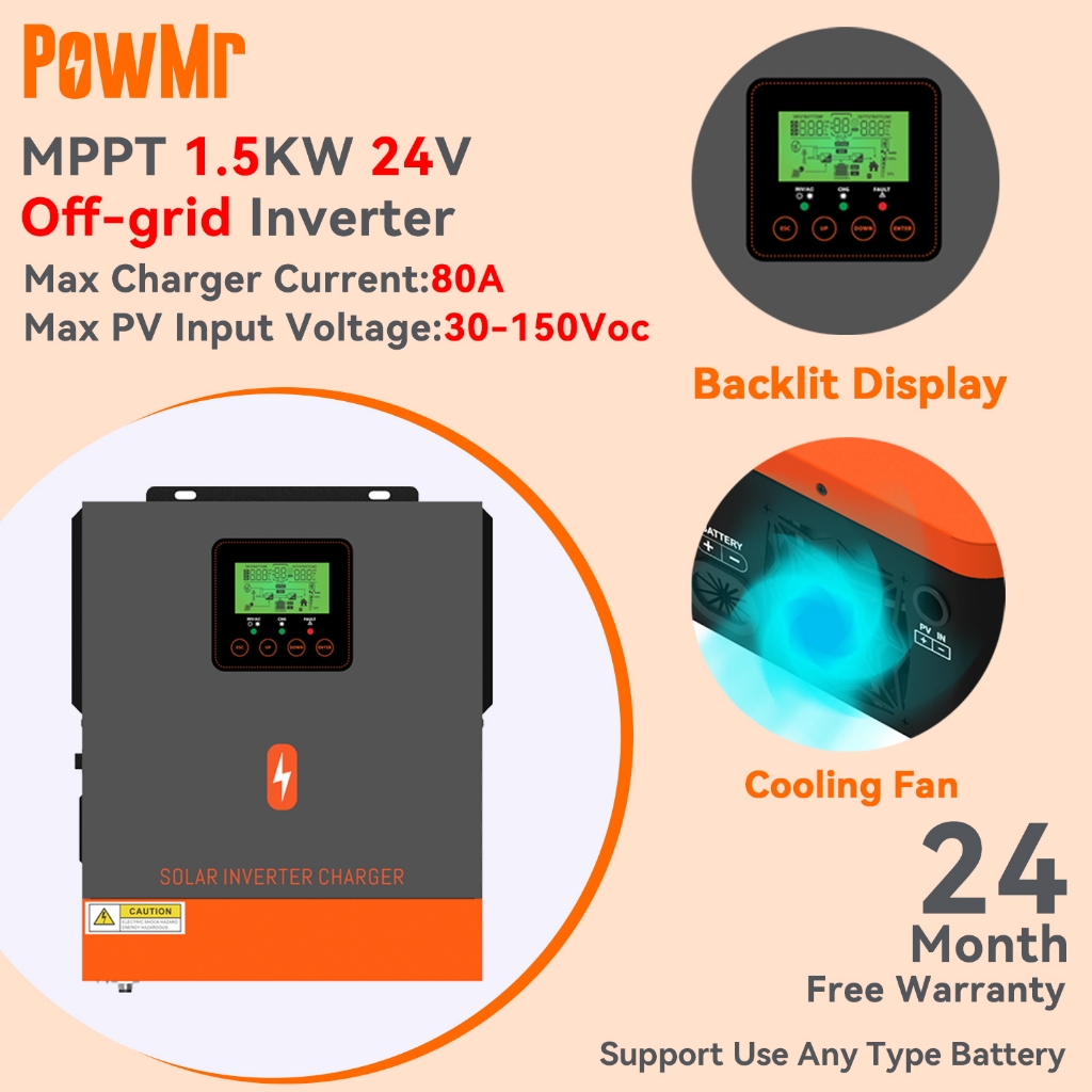 PowMr 1.5KW 24V Off Grid Solar Hybrid Inverter 230Vac ในตัว 80A MPPT Solar Charge Controller 50/60Hz Auto Identify Pure Sine Wave Inverter PV Voltage 30Voc-150Voc แบตเตอรี่ต้องรับประกัน 2 ปี
